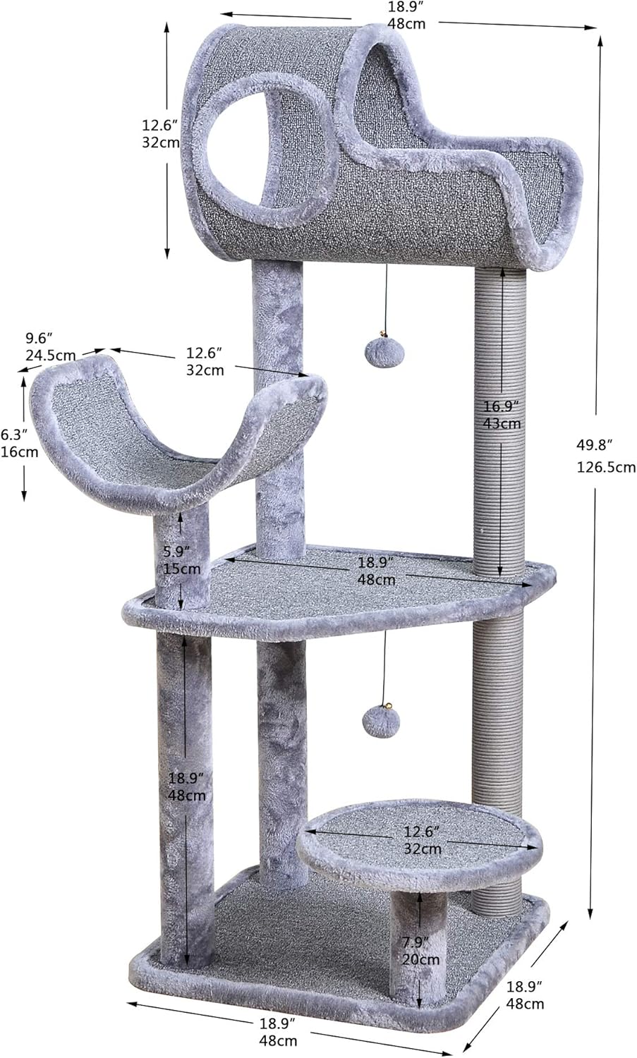Catry Large Cat Tree Tower with Paper Rope Covered Scratching Post Hammock Tunnel for Multiple Cats Activity Center, Gray : Pet Supplies