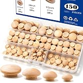 Tnisesm 150Pcs 4 Sizes Wood Plugs 3/16 Inch, 5/16 Inch, 3/8 Inch, 1/2 Inch Wooden Hole Plugs Button Plugs Hardwood Hole Plugs for Holes in Locking Hole Tube Furniture, Mushroom Head Shape
