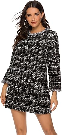 long sleeve frayed hem tweed dress