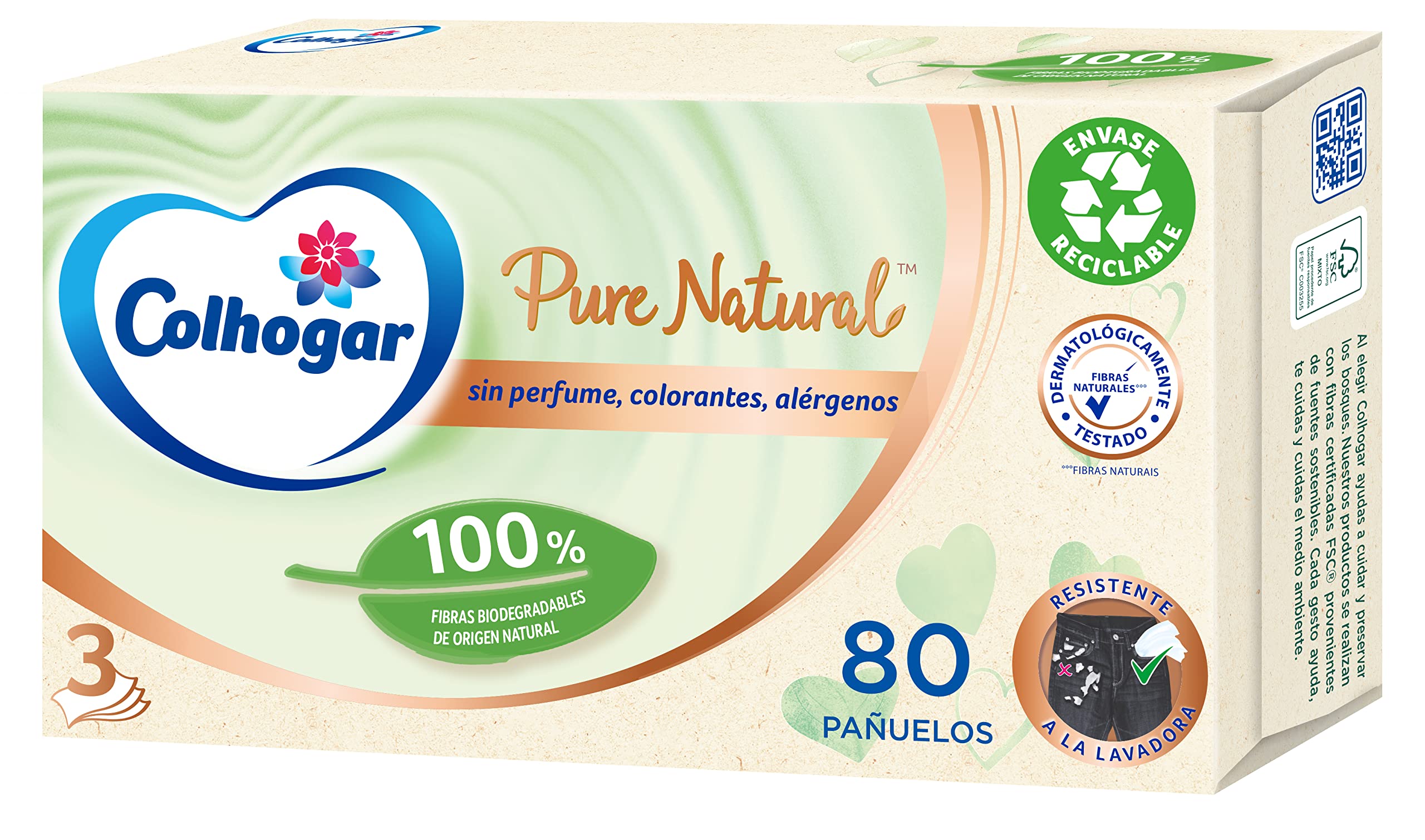 Colhogar Pure Natural Facial Tissues, Beige, 80 Count