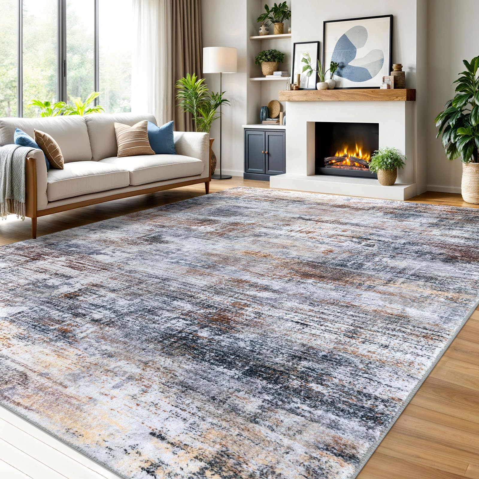 Photo 1 of ****NEEDS CLEANING**** IOHOUZE Abstract Area Rugs 9x12 Ft Washable Large Rugs for Living Room, Non Slip Dining Room Rug, Printed Faux Wool Rugs for Bedroom, Floor Carpet for Office Nursery Playroom, Orange Grey