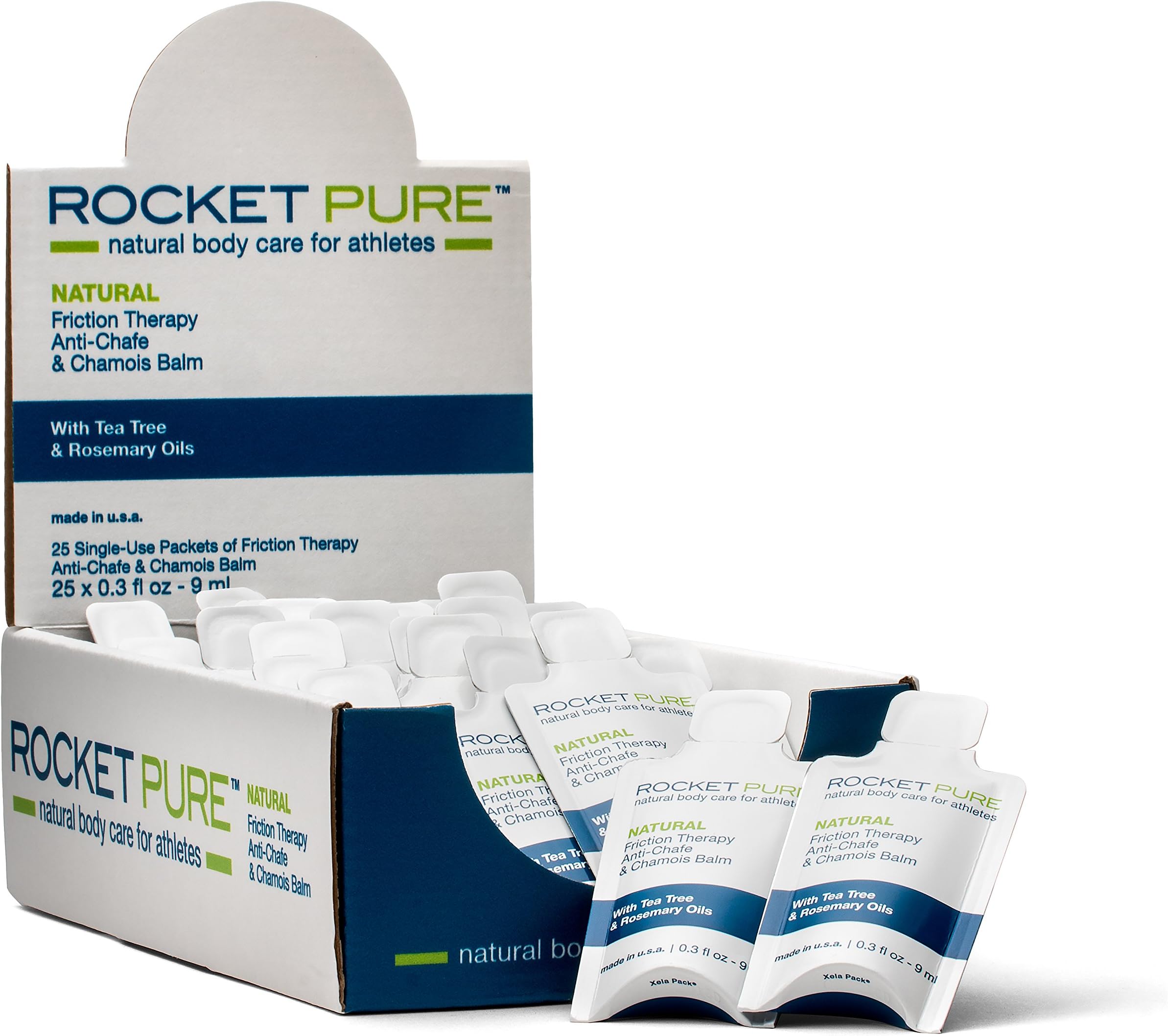 Rocket Pure Anti Chafe and Chamois Balm Box with 25 Single-Use Packets. Prevents, Protects Against Chafing, Blisters, Sores, from Clothes, Sweat, Sports.