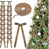 Jutom 24 Pcs Khaki Brown Christmas Tree Bows Decorations with Faux Pearl Garland Vintage Satin Ribbon Bows Christmas Ornaments Rustic for Rustic Xmas Tree Garland Wreath Door DIY Holiday Decor