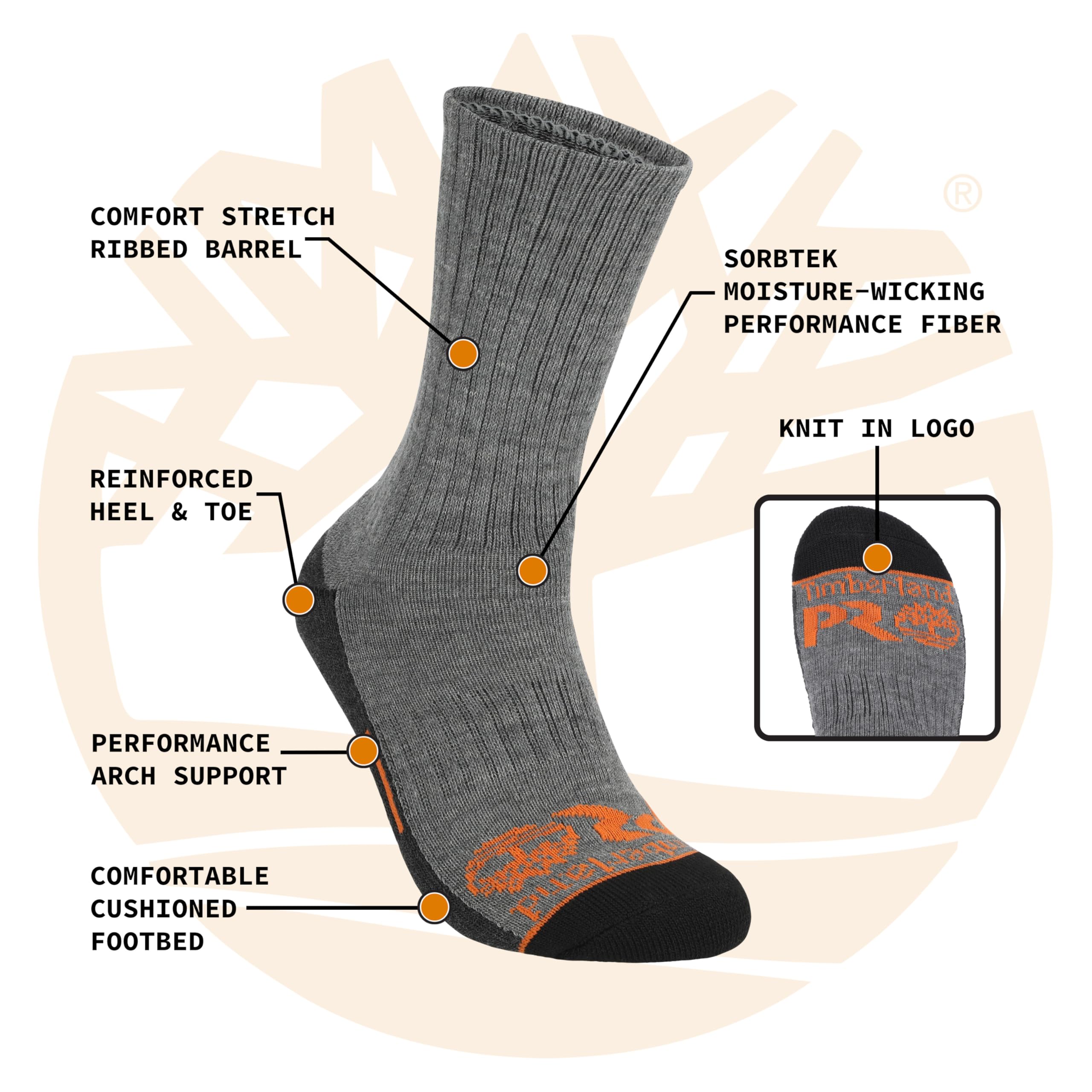 Timberland PRO Mens Sorbtek Moisture Control Mens Socks, Arch Support, Cushioned Footbed (Size 7-12; 6 Pairs) set