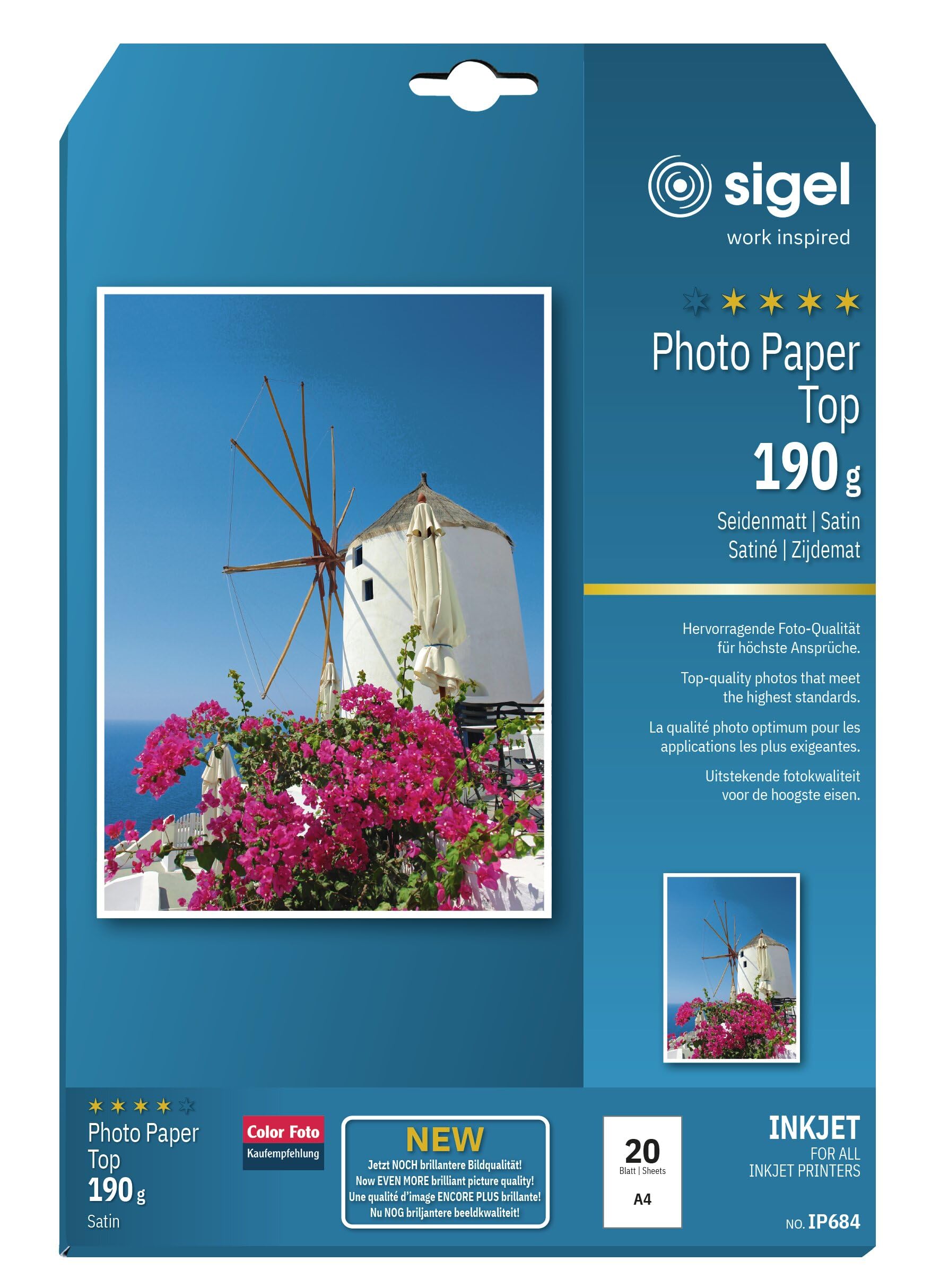 SIGEL IP684 InkJet Top Photo Paper, satin, White, 190 gsm, A4, 20 sheets
