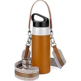 Linkidea Vegan Leather Water Bottle Carrier with Strap Compatible with CamelBak Carry Cap, Waterbottle Sling Bag Holder with Adjustable Shoulder Strap, Brown