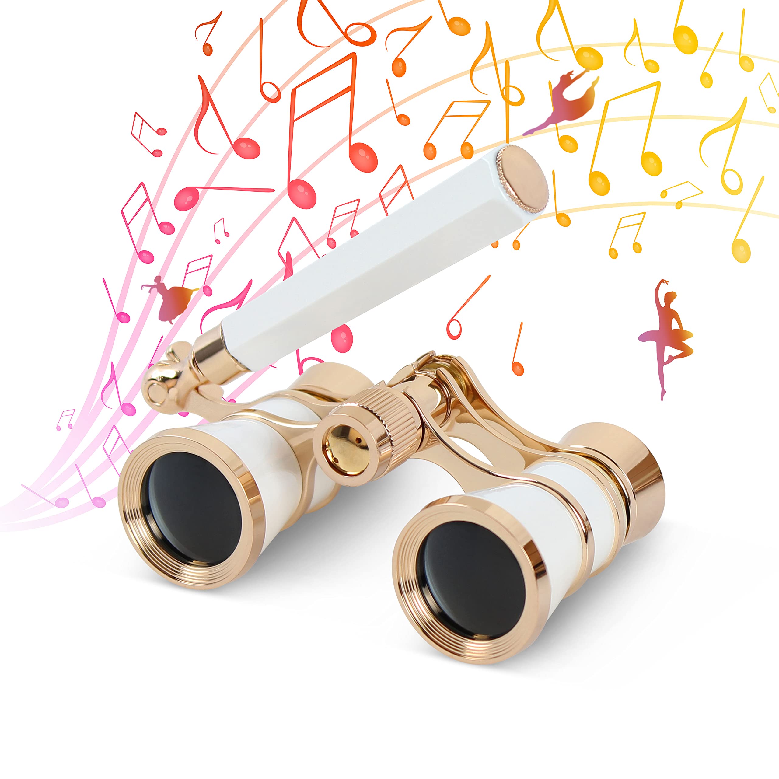 Aomekie Opera Glasses Binoculars 3X25 Theater Glasses Lorgnette Mini Binocular Compact with Handle for Adults Women in Musical Concert(White)