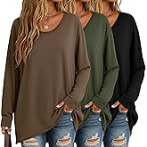 Sweetyweee 3 Pack Women's Oversize Tops, Long Sleeve Cotton Shirts V Neck Basic Unfinished Edge Tees Casual Loose Fall Tops