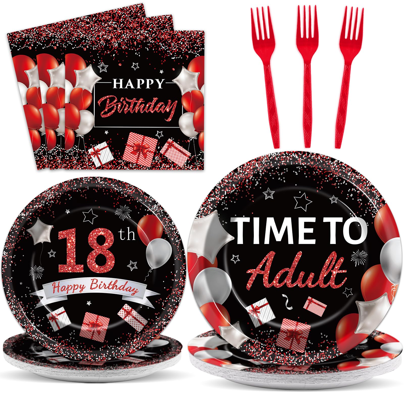 Photo 1 of gisgfim 96 Pcs 18th Birthday Party Supplies Paper Plates Napkins Time To Adult Red Black 18 Years Old Birthday Party Dinner Dessert Tableware Set 18th Decorations Favors for Boys Girls Serves 24