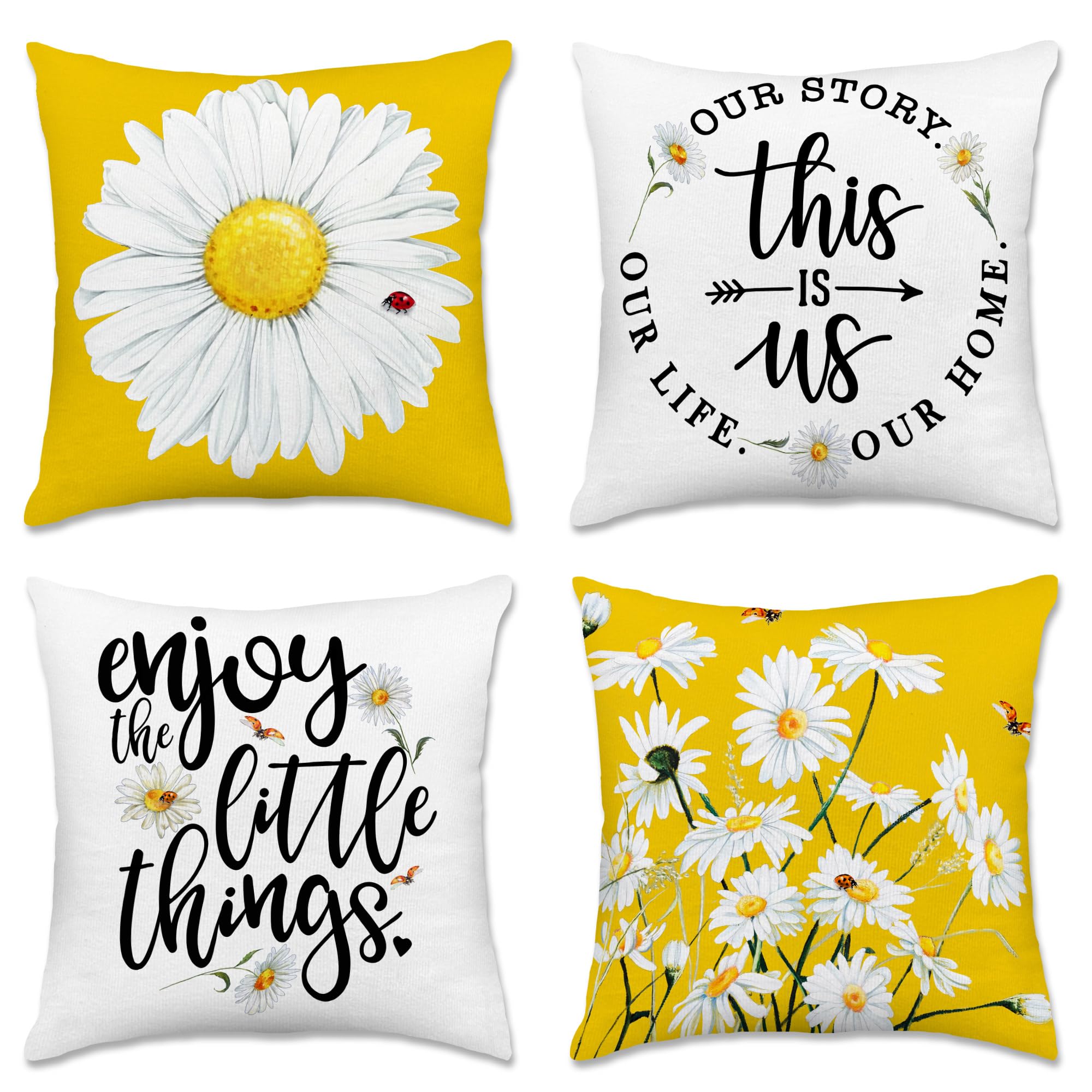 Hexagram Spring Summer Pillow Covers 18x18 Set of 4, Floral Daisy Outdoor Decorative Throw Pillow Covers, Yellow Farmhouse Cushion Case for Couch Sofa Living Room Bedroom Home Indoor Decor(No Insert)