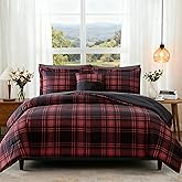 MaiRêve King Comforter Set, Classic Red Black Plaid Bedding Set 7 Pieces, Farmhouse Lightweight All Season Bed in a Bag with Sheets, Pillowcases & Shams