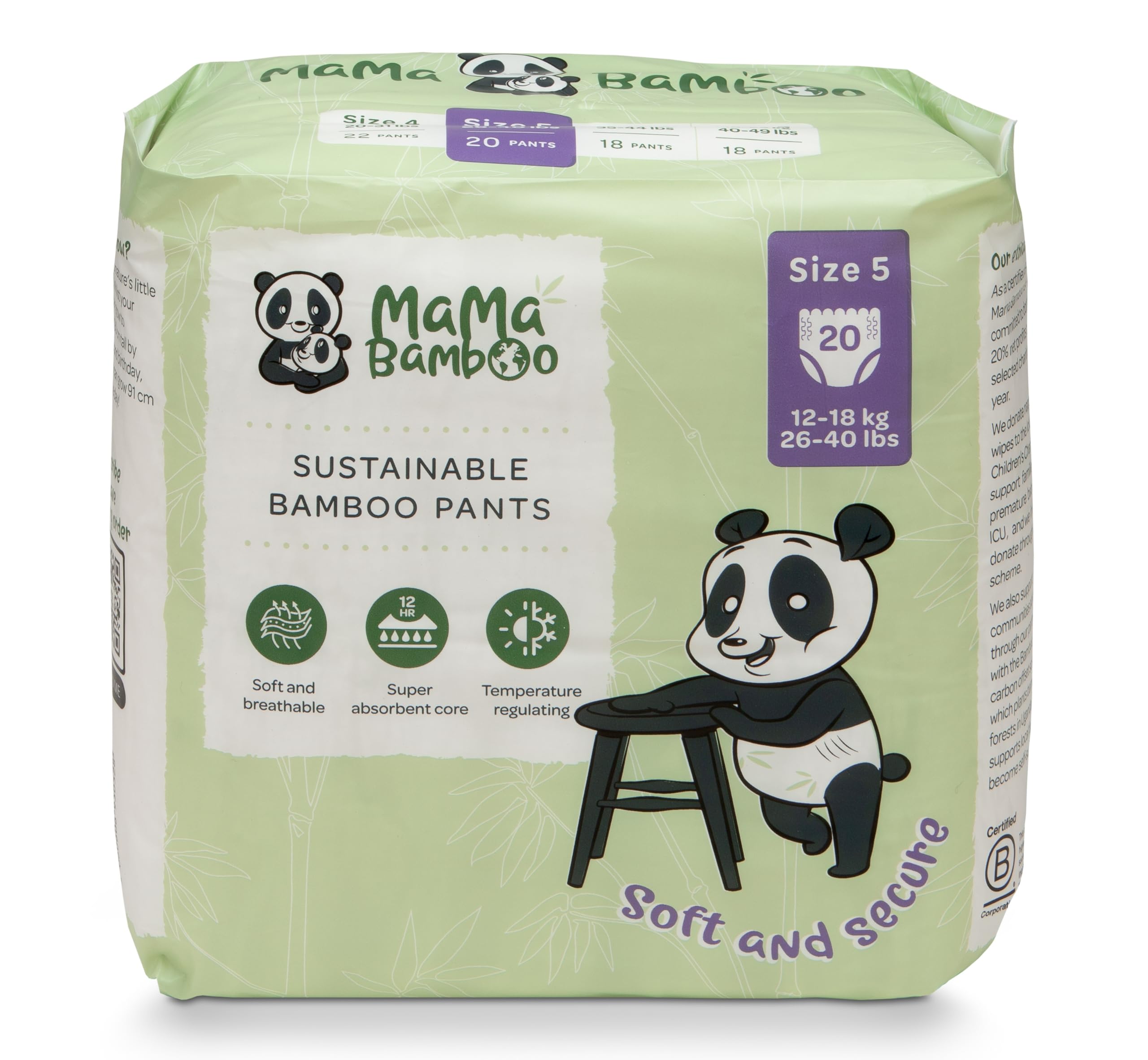 Mama Bamboo - Sustainable Bamboo Nappy Pants - Soft Breathable Bamboo Viscose - Super Absorbent Core - with Leak Free Elasticated Panels - Size 5 (12-18kg) - 20 Nappy Pants