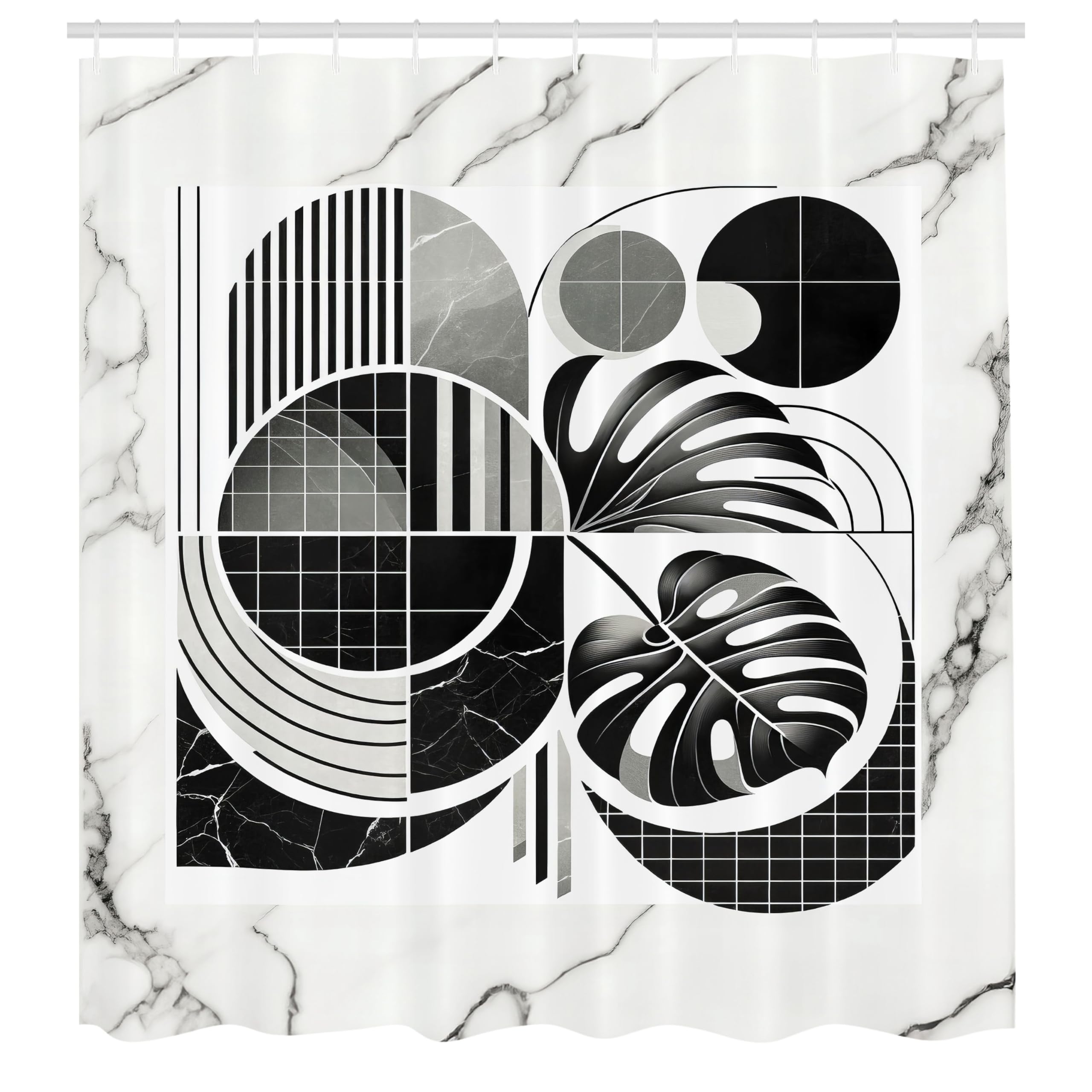 ABAKUHAUS Black and White Shower Curtain, Mid Century Leaf, Cloth Fabric Bathroom Decor Set with Hooks, 175 x 200 cm, Grey Coconut