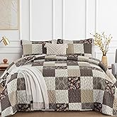 Xruibed Floral Plaid Patchwork Fall Quilt Set Queen Size 3 Pieces Taupe Beige Khaki Bedspread Set Reversible Quilt Bedding Set Microfiber Bedding Bedspread Coverlet Set for All Season(Queen 96"x90")
