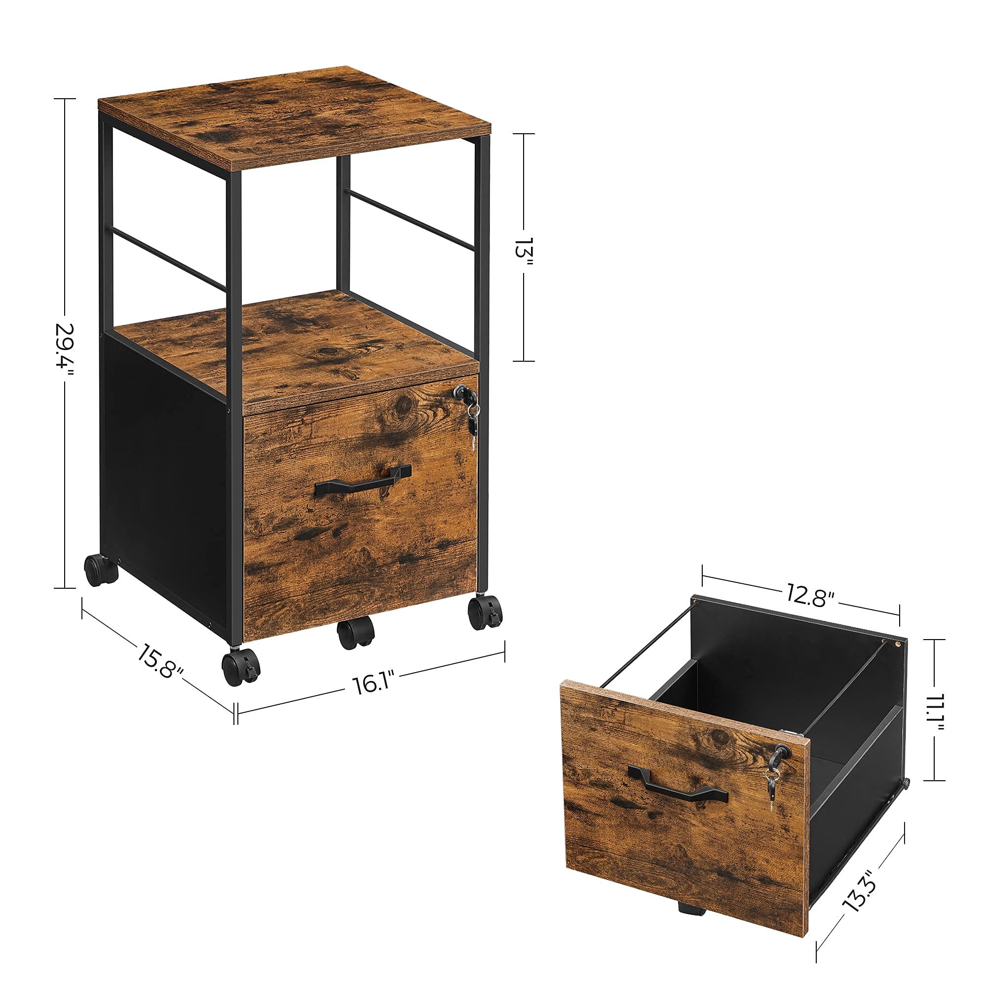 VASAGLE 1 Drawer File Cabinet with Lock, Printer Stand, Office Filing Cabinet Organizer, for A4 and Letter Size Documents, Rustic Brown and Black UOFC044B01