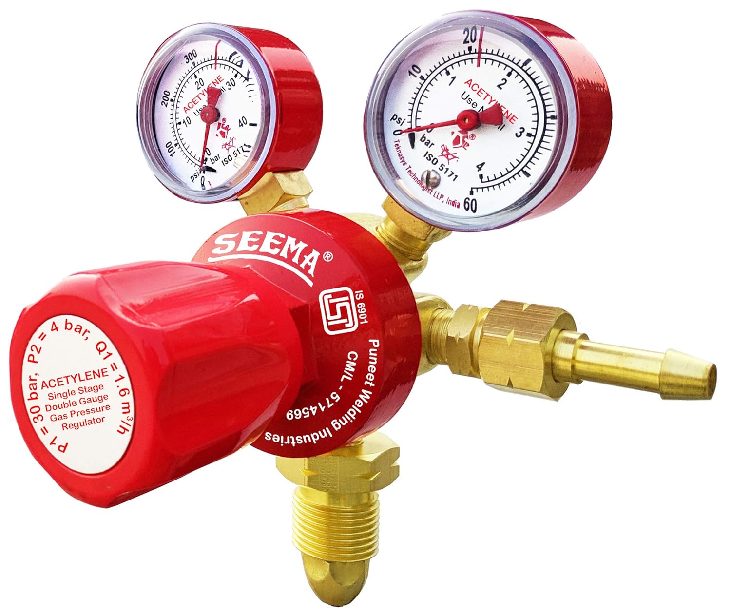 SEEMA® Single Stage Double Gauge Acetylene Gas Pressure Regulator (ISI