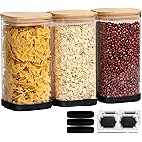 Laramaid 50oz 3Packs Glass Jars Set, Square Pantry Jars with Bamboo Lids and Black Silicone Bottom Protector, Black Labels an