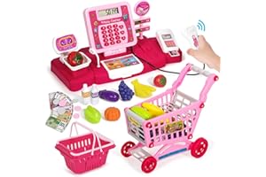 AUVNEI Cash Register for Kids, Play Cash Register Toy with Real Calculator/Sound Scanner/Shopping Cart/Shopping Basket/Play Money/Credit Cards/Food Toys, Toy Cash Register for Age 3 Years and More