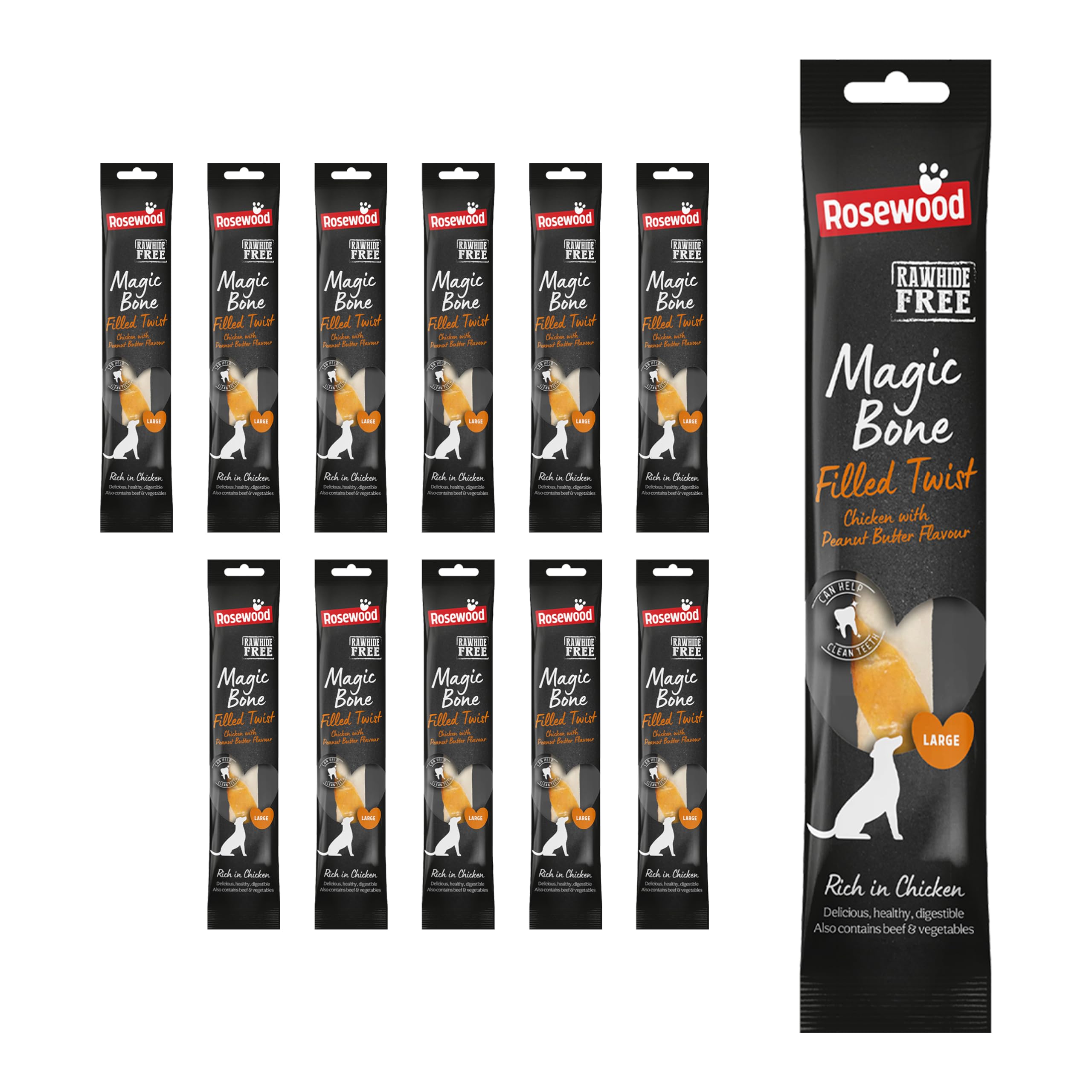 Rosewood Magic Bone Filled Twist for Dogs - Chicken and Peanut Butter Flavour Dog Treat, Rawhide Free, Large Sized Dog Chew for Medium and Large Dogs, 1pc (Case of 12 x 60g)