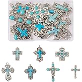 Pandahall 14Pcs Turquoise Stone Cross Charms Tibetan Style Turquoise Big Pendant Alloy Religion Cross Charms Western Turquoise Jewelry for Women Men Bohemian Earring Necklace Jewelry Making