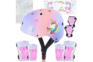 UNICORN CATCHER Kids Helmet, Toddler Bike Helmet with DIY Stickers Unicorn Knee Pads and Elbow Pads Set Adjustable Protective Gear Set for Girls Age 3-5-8 Years fit Roller Skates, Bicycle, Skateboarding, Scooter