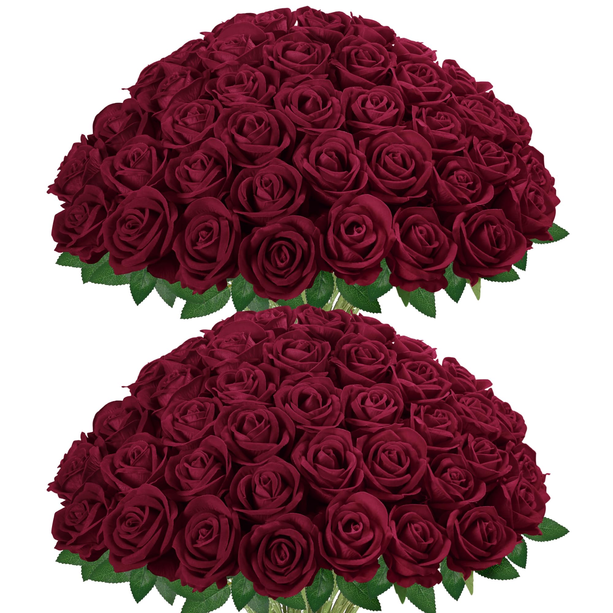 InnoGear 50 Pcs Burgundy Roses Artificial Flowers, Fake Velvet Silk Red Rose Bulk Faux Flower for Decoration Wedding Centerpieces Proposal Bridal Bouquets Shower Party Home Floral Decor (50, Burgundy)