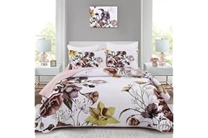 Drucon Floral Quilt Set Queen 3 Pieces Boho Blush Quilt Coverlet Set Soft Microfiber Lightweight Colorful Floral Quilted Bedspread for All Season 90"x96"