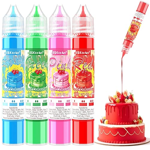 Food Colouring Liquid - 4 Vivid Colours Food Colouring (30ml/Bottle) - Food Grade Dye for Cake Decorating, Baking, Fondant, Icing, DIY Crafts & Slime - Safe, Non-Toxic & Highly Concentrated