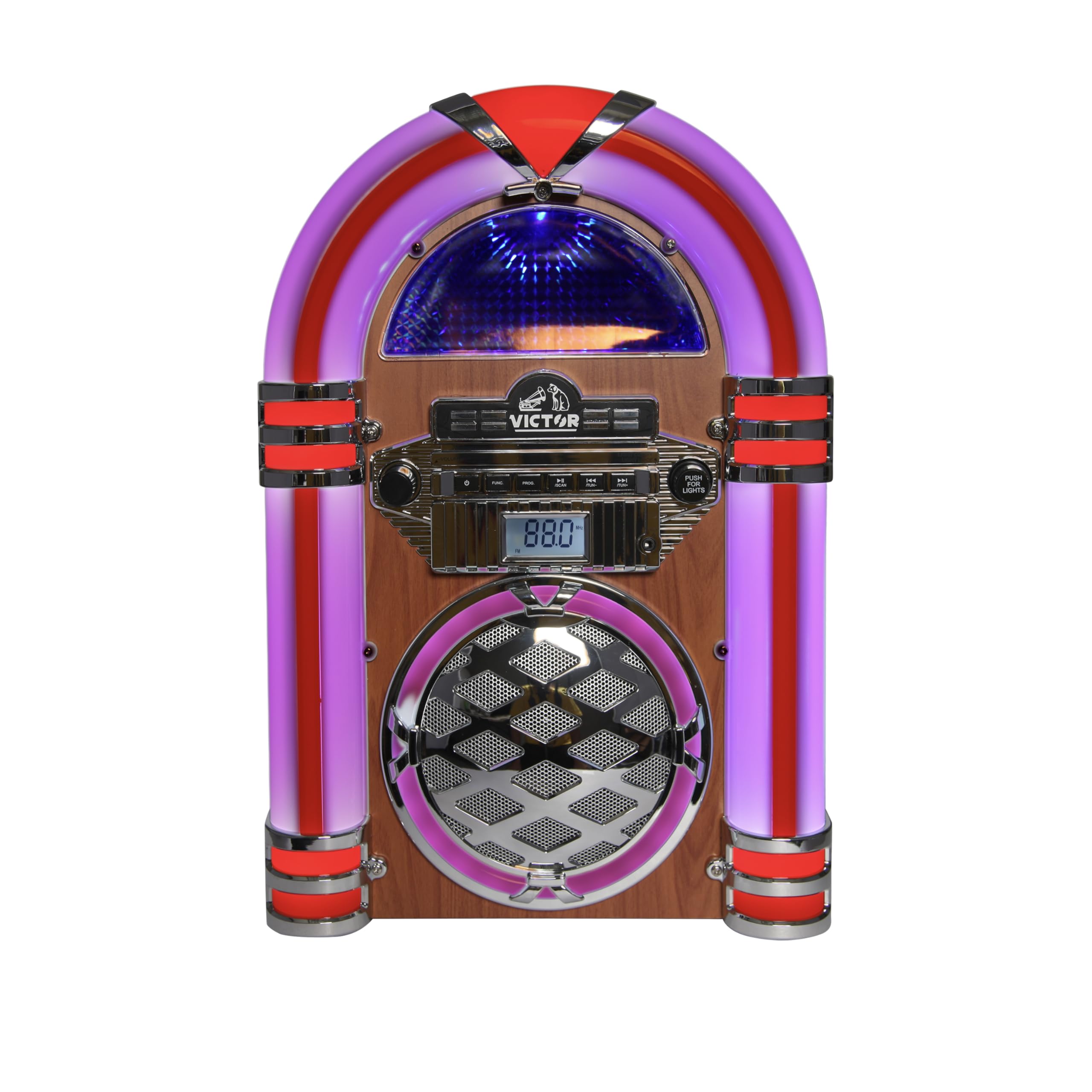 VICTOR VDTJ-1550 Broadway Desktop Bluetooth CD Jukebox Speaker with FM Radio, Multicolor LED Lighting, and Aux Input – Perfect for Retro-Style Music Streaming and Ambient Lighting