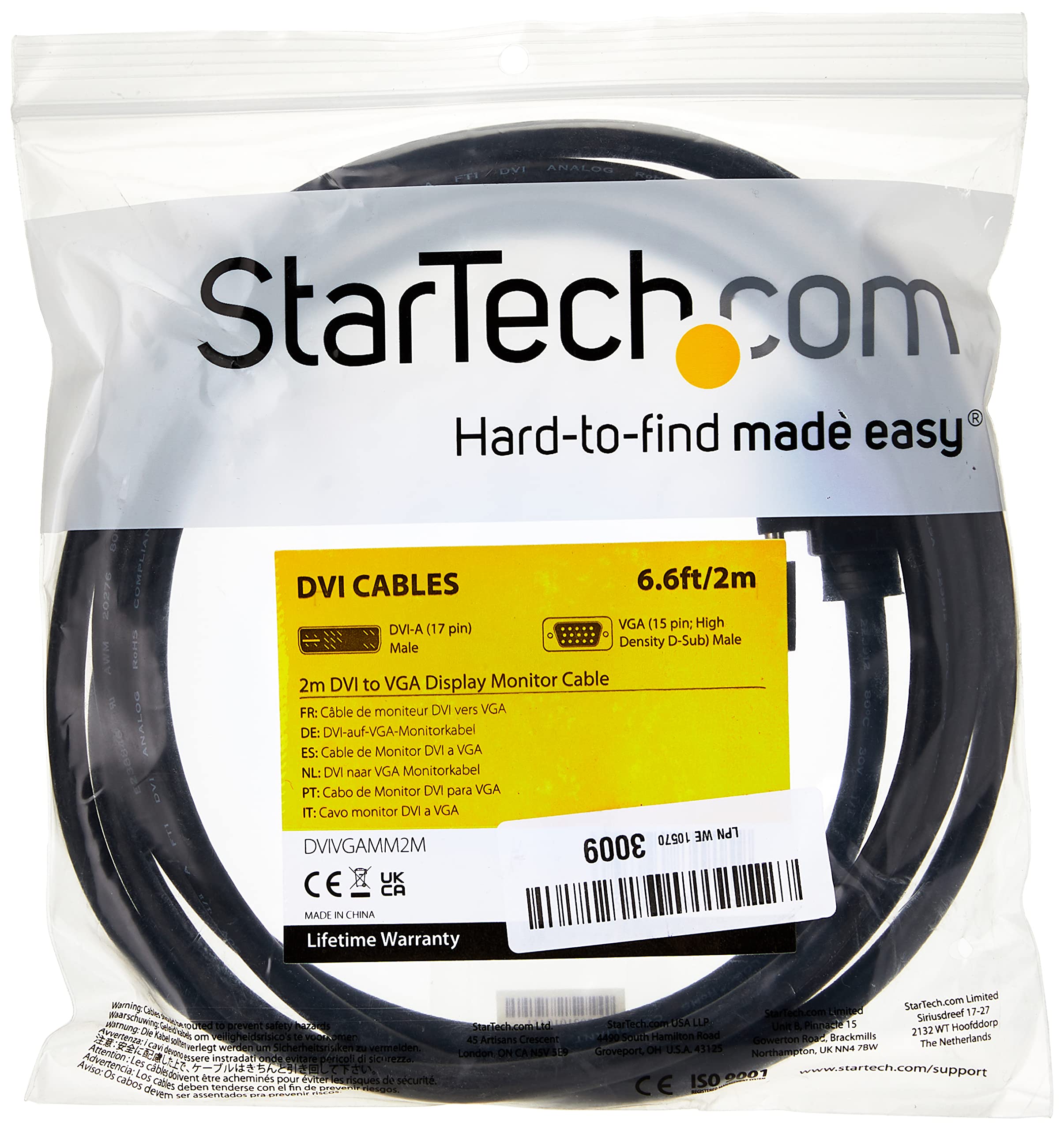 StarTech.com 2m DVI to VGA Display Monitor Cable - DVI to VGA (15 Pin) - 2 Meter DVI-A to VGA Analog Video Cable Male to Male (DVIVGAMM2M)
