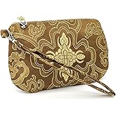 Handmade Zipper Coin Purse with Wristlet Strap Silk Rosary Pouch Jewelry Bag Brocade Wallet - Sienna