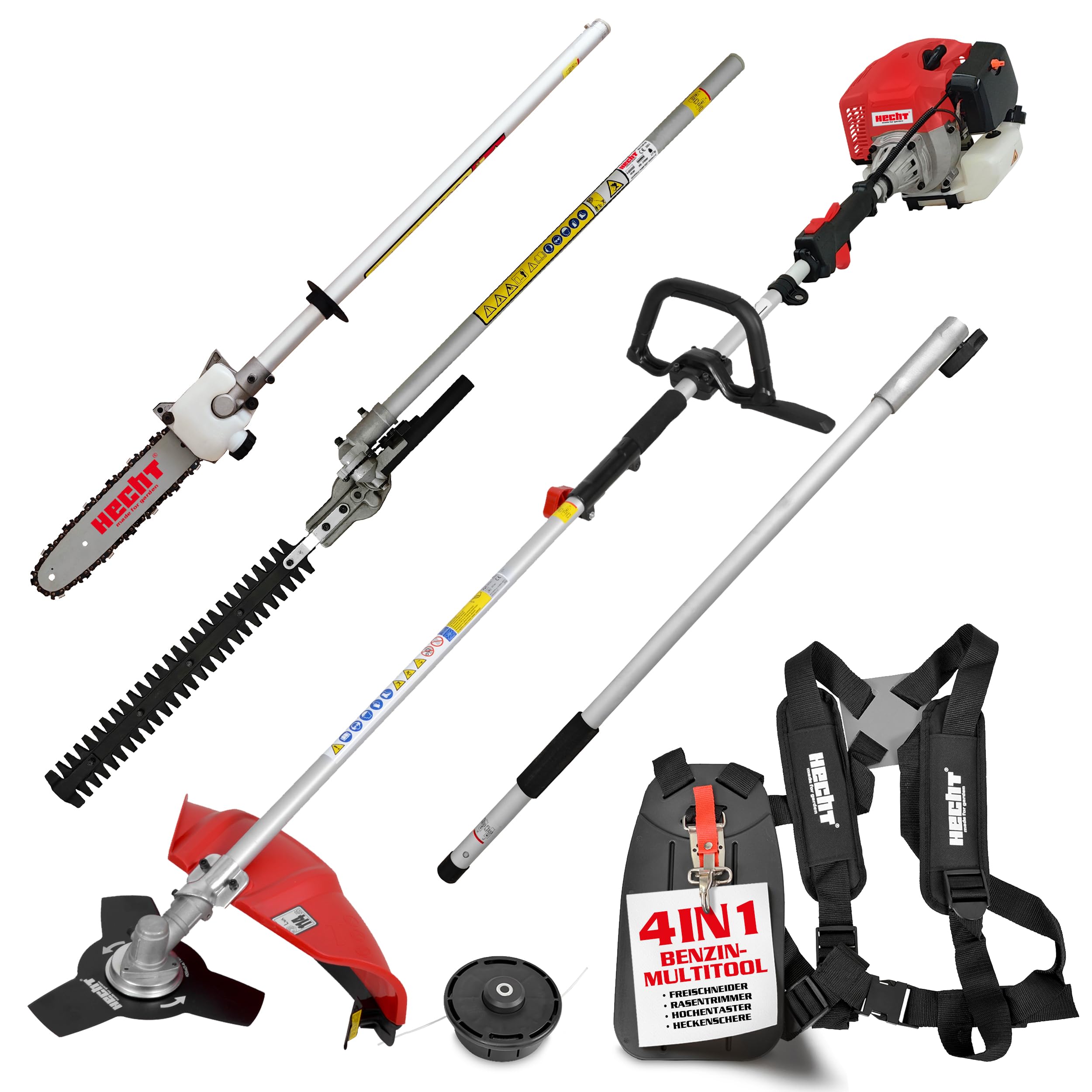 HECHT Hochwertiges 4 in 1 Benzin Multifunktionsgerät - Starke 2 PS - Freischneider, Rasentrimmer, Hochentaster und Heckenschere in Einem I Mit idealer Verlängerung