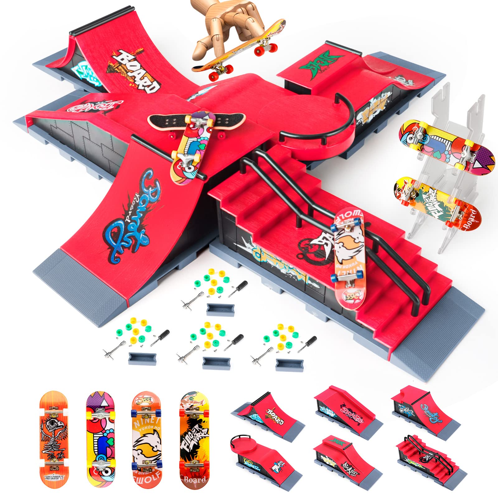 Finger Skateboard Ramps Set, 6-in-1 Bigger Fingerboard Skatepark Skate Park Kit Training Props with 6 Finger Skateboard 6 Finger Deck & Display Holder Finger Skate Toys for Kids & Adults Gifts