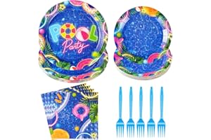 GRENCIAN 96Pcs Pool Party Supplies Pool Paper Plates and Napkins Night Glow Disposable 350GSM Summer Pool Party Tableware for Kids Birthday Summer Party Baby Shower Pool Themed Party Decorations, Serves 24