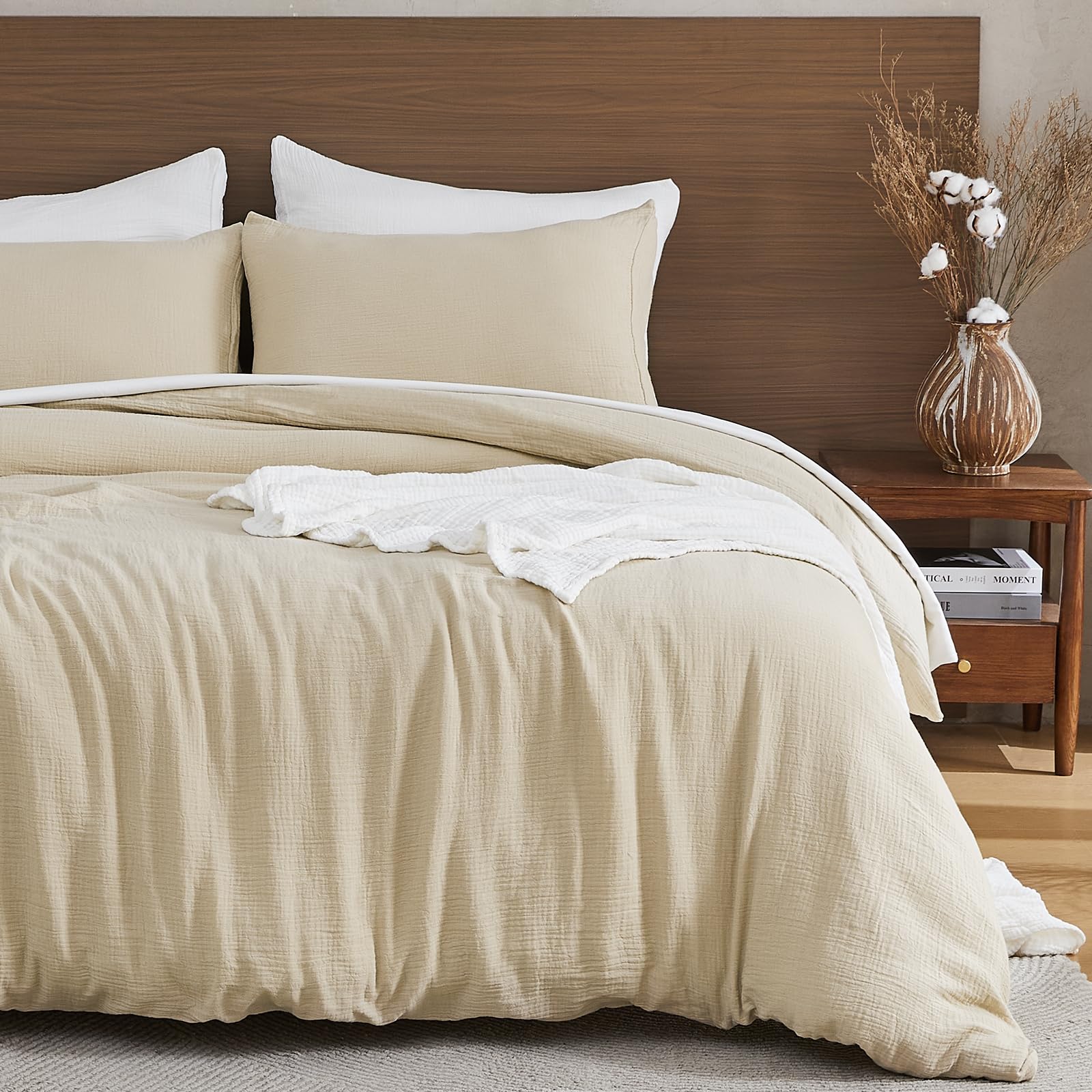 Photo 1 of EMME Muslin Cotton Duvet Cover Set Light Tan King Size Linen Like Soft Breathable Lightweight Summer Comforter Cover Set with Zipper Closure (Light Tan, King, 104"x90")