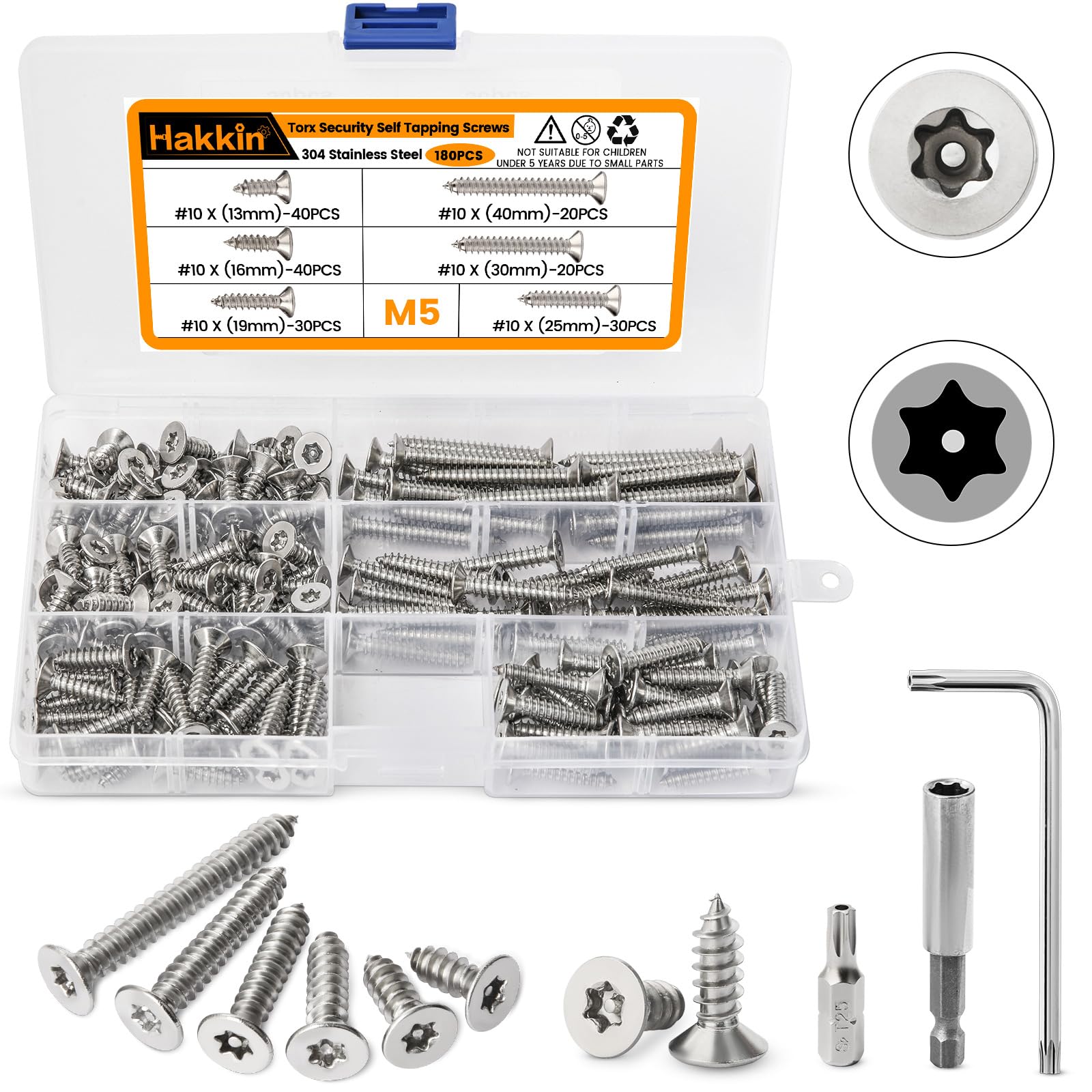 Hakkin M5 Self Tapping Screws 180Pcs Stainless Steel Screws Flat Head Countersunk Screw Tamper Proof Torx Anti-Theft Sheet Metal Screw Kit with T25 Bit, Wrench, Extension Holder for DIY Project