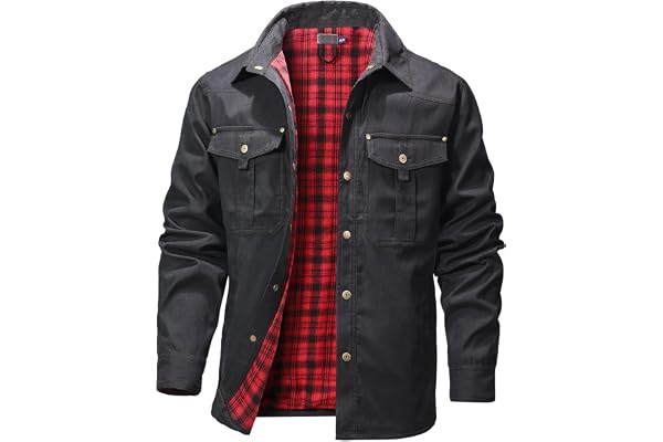 HYPESTFIT Men's Plaid Flannel Lined Shirt Jackets | Long Sleeved Shacket Jacket Plaid Brushed Lining Cowboy Western Twill Out