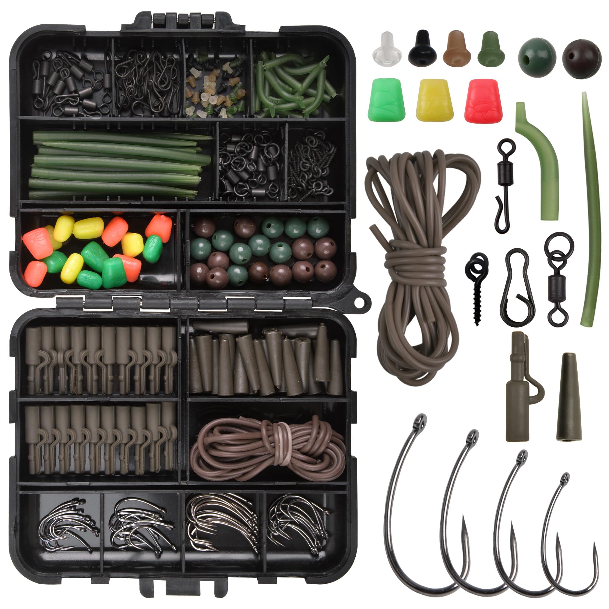 246pcs Carp Fishing Rig Making Kit Tackle Box Accessories Set Include Barbless Hooks, Swivels, Safety Clips, Rubber Tube Sleeves, Various Carp Rigs Accessories