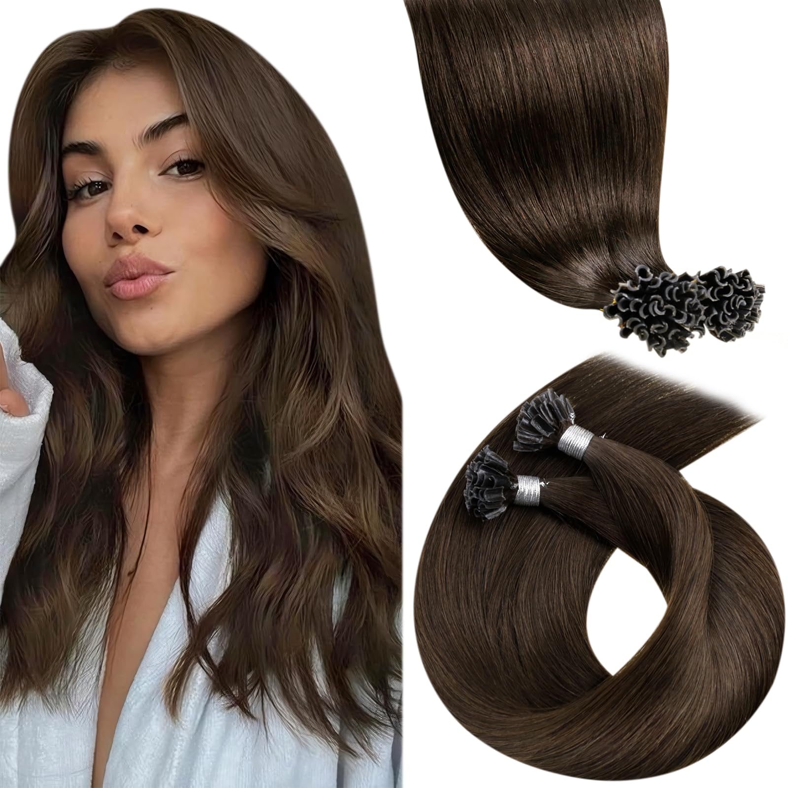 LaaVoo Real Human Hair Extensions U Tip Brown, Remy Straight Dark Brown Real Hair Extensions, Hot Fusion for Invisible & Stable 50s 50g 22 Inch #4 — image 1