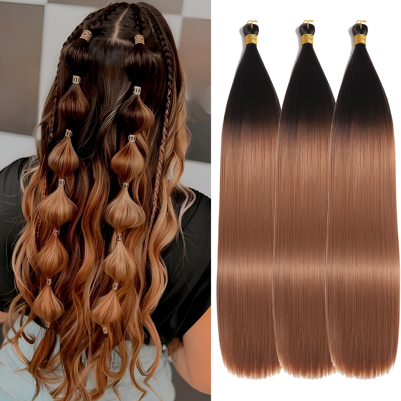 Locescsoc 24 Inch Bone Straight Braiding Hair 150g 3 Packs Straight Hair Extensions, Ariel Straight Hair Bundles, Silky Soft Synthetic Hair for Women (T4/30#)