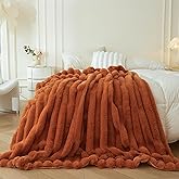 MEGO Fluffy Faux Rabbit Fur Bed Blanket, Soft Stripe Plush Fuzzy Throw for Couch Sofa, Decorative Shaggy Throw Bedroom Living Room, Large Furry Blanket Kids Girls Teens Adults, 60x90, Burnt Orange
