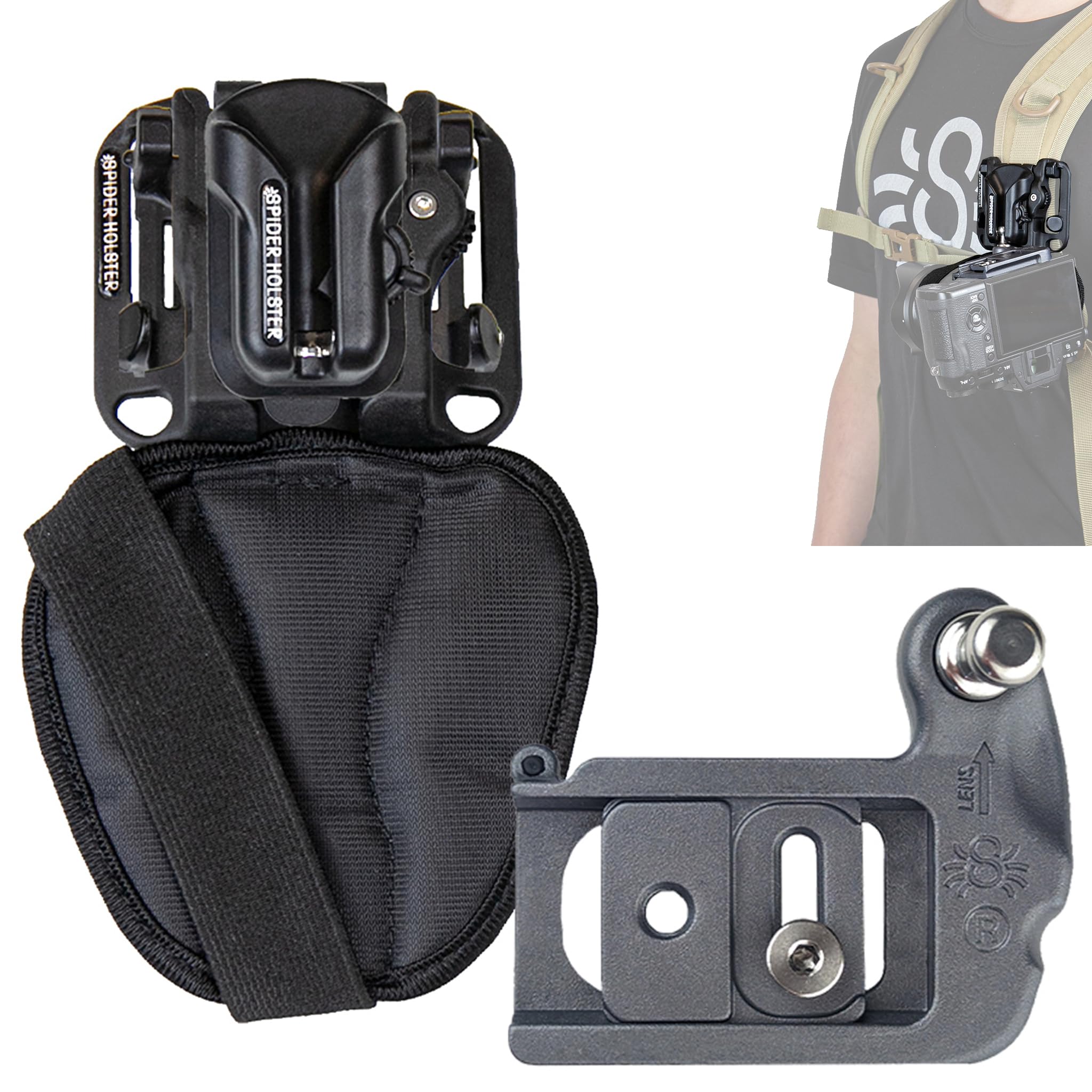 SPIDER HOLSTER – Spider X Belt and Backpack Camera Holster Kit with Clip-On Self-Locking Holster, Mirrorless Camera Plate, and Backpack Adapter – Compatible with Any Belt or Bag Strap