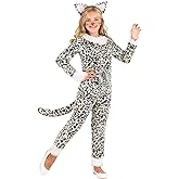 Kids Spotted Snow Leopard Costume Girls, White Faux Fur Animal Cute Cat Jumpsuit Halloween Outfit