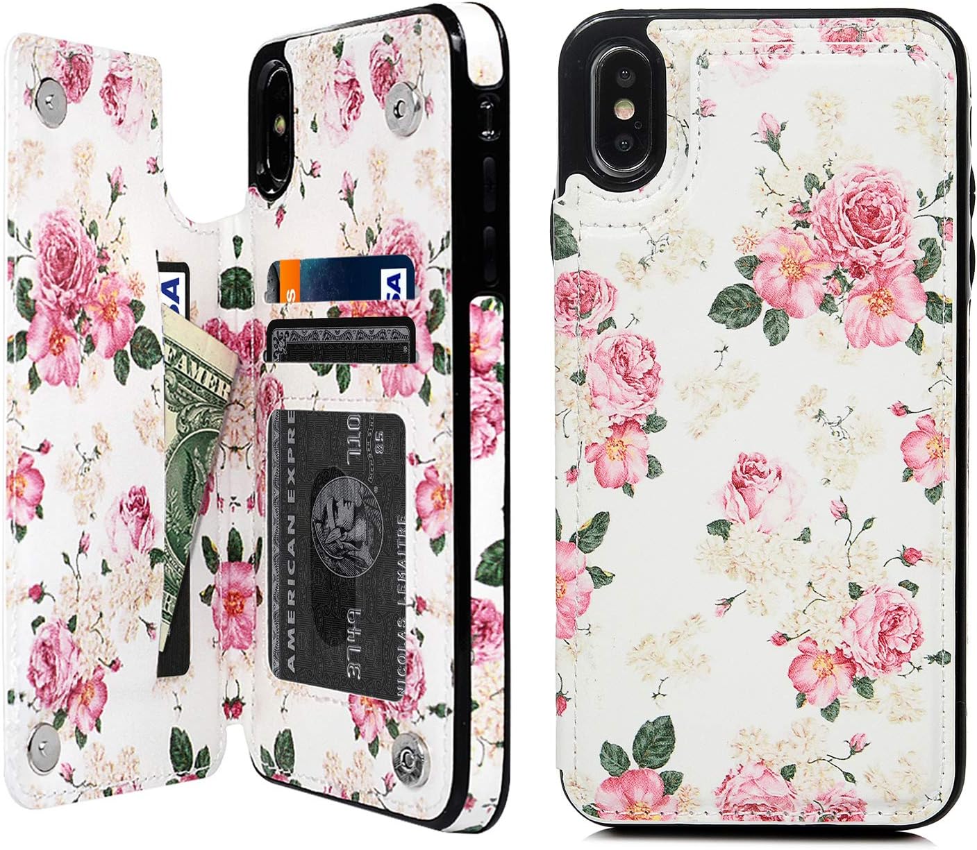 Compatible with iPhone Xs Max Case, iPhone Xs Max 6.5 inch Wallet Case PU Leather Magnetic Closure Stand Feature Flip Skin TPU Cover with Card Slots for iPhone Xs Max, Rose Flower