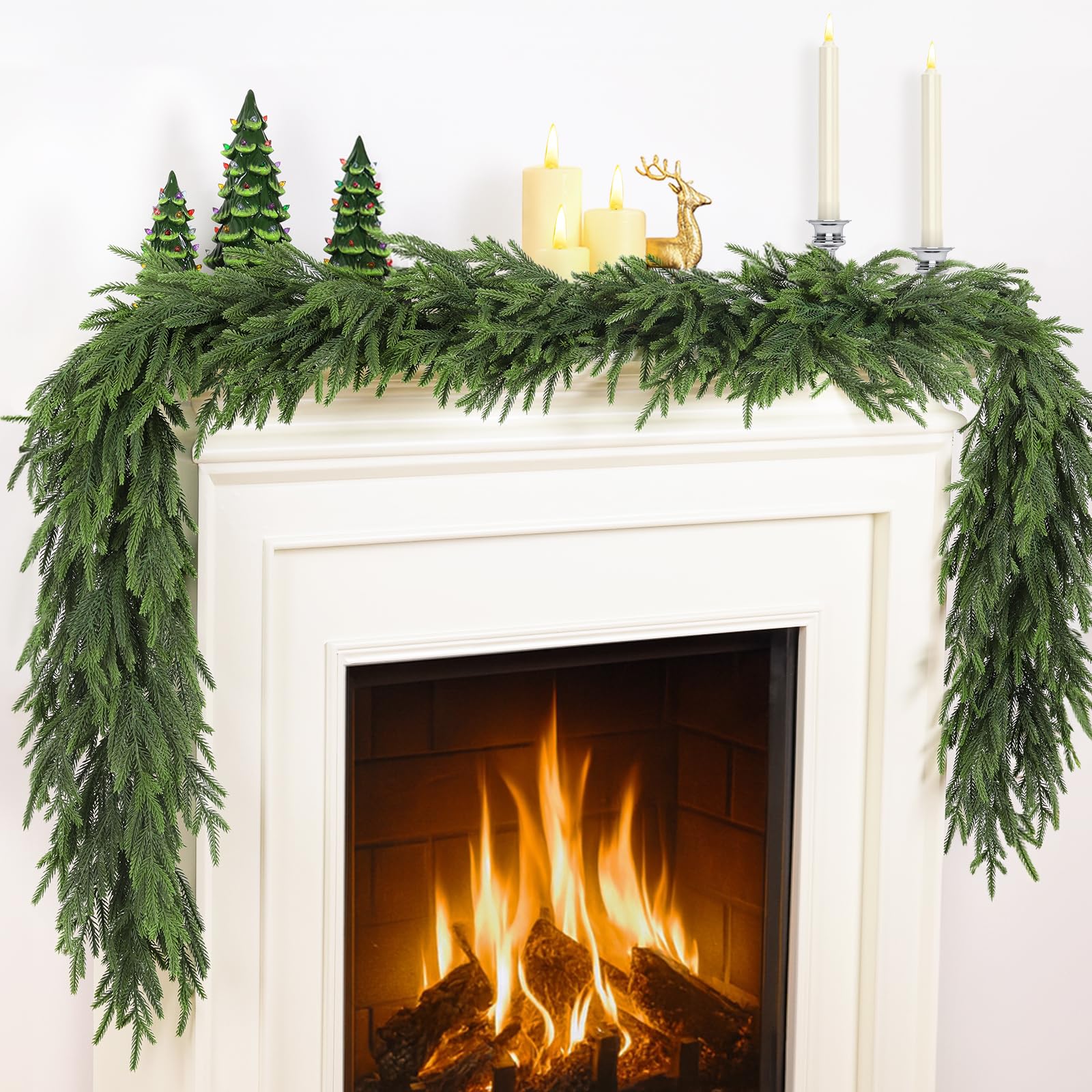 Photo 1 of TOWPONICS 12FT?2 * 6FT? Christmas Norfolk Pine Garland, Real Touch Faux Green Garlands, Winter Artificial Greenery Garland for Mantle, Stairs, Table, Fireplace, Indoor & Outdoor Xmas Decorations