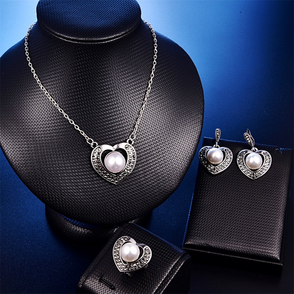 14K Platinum Alloy Forever Lover Heart Pendant Necklace, Single Pearl Necklace Earring Crystal Jewelry Set for Christmas Gift - Ring#7