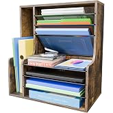 Simple Trending 7- Tier Desk File Organizer, Paper Organizer, Rustic Brown | Adjustable Letter Trays, Wooden Desk Accessories with Side File Holder, for Office Home Classroom, 16"L x 9"W x 17"H