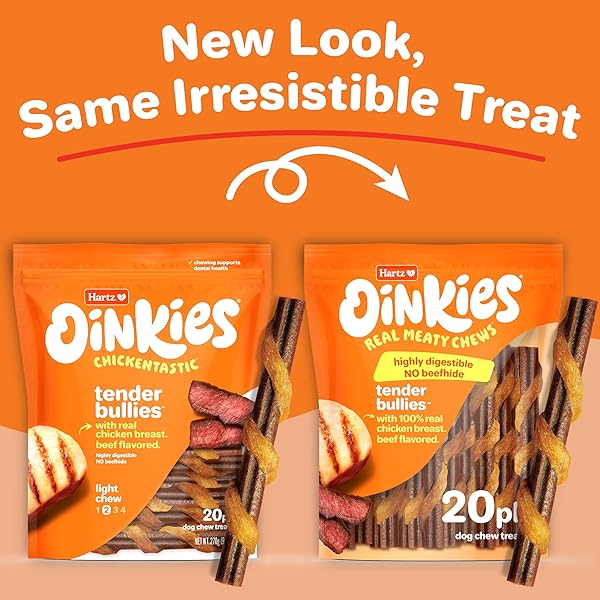 HARTZ OINKIES TENDER BULLIES WITH REAL CHICKEN BREAST & REAL BEEF BULLY STICK FLAVOR, HIGHLY DIGESTIBLE AND RAWHIDE-FREE, 20 COUNT