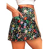 Herou Women Floral Mini Skirts Summer Elastic Waist A-Line Skorts Cute Stretchy Casual Short Skirt for Women with Pocket