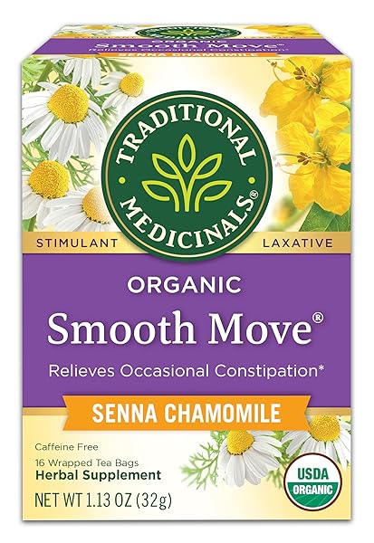 TRADITIONAL MEDICINALS ORGANIC, SMOOTH MOVE TEA, CHAMOMILE & SENNA – HELPS RELIEVE CONSTIPATION OVERNIGHT – KOSHER, NON-GMO, CAFFEINE-FREE, COMPOSTABLE – 16 TEA BAGS
